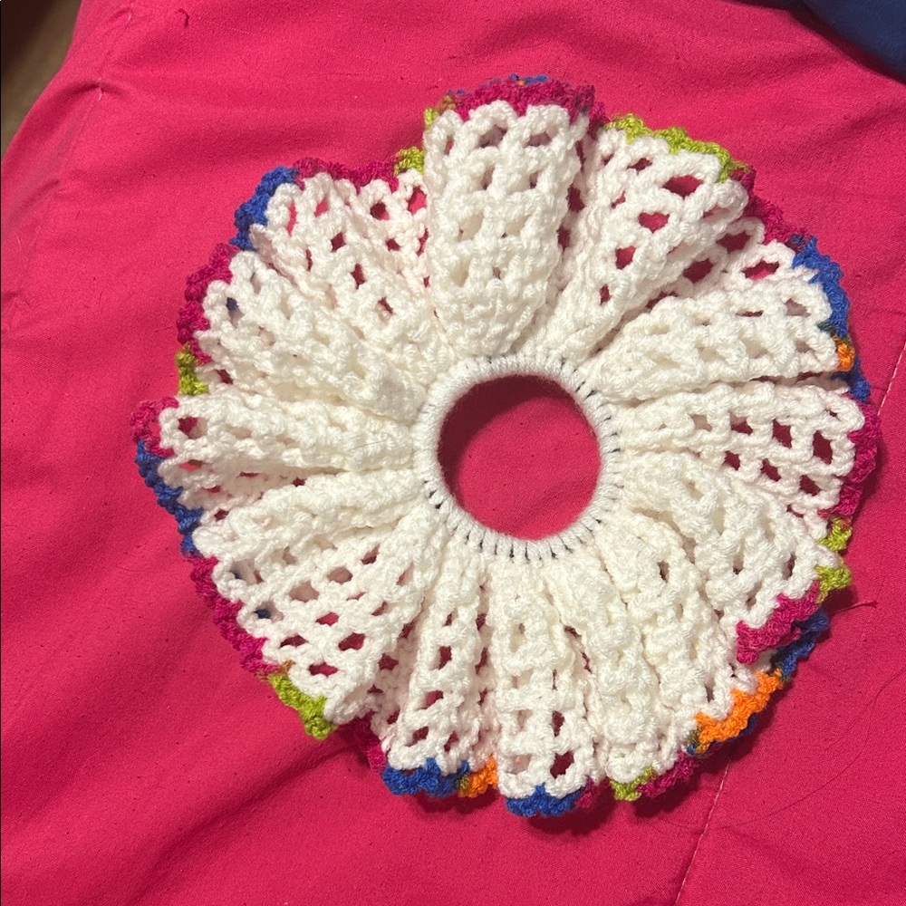 White Crochet Hair Scrunchie with Multicolor Trim